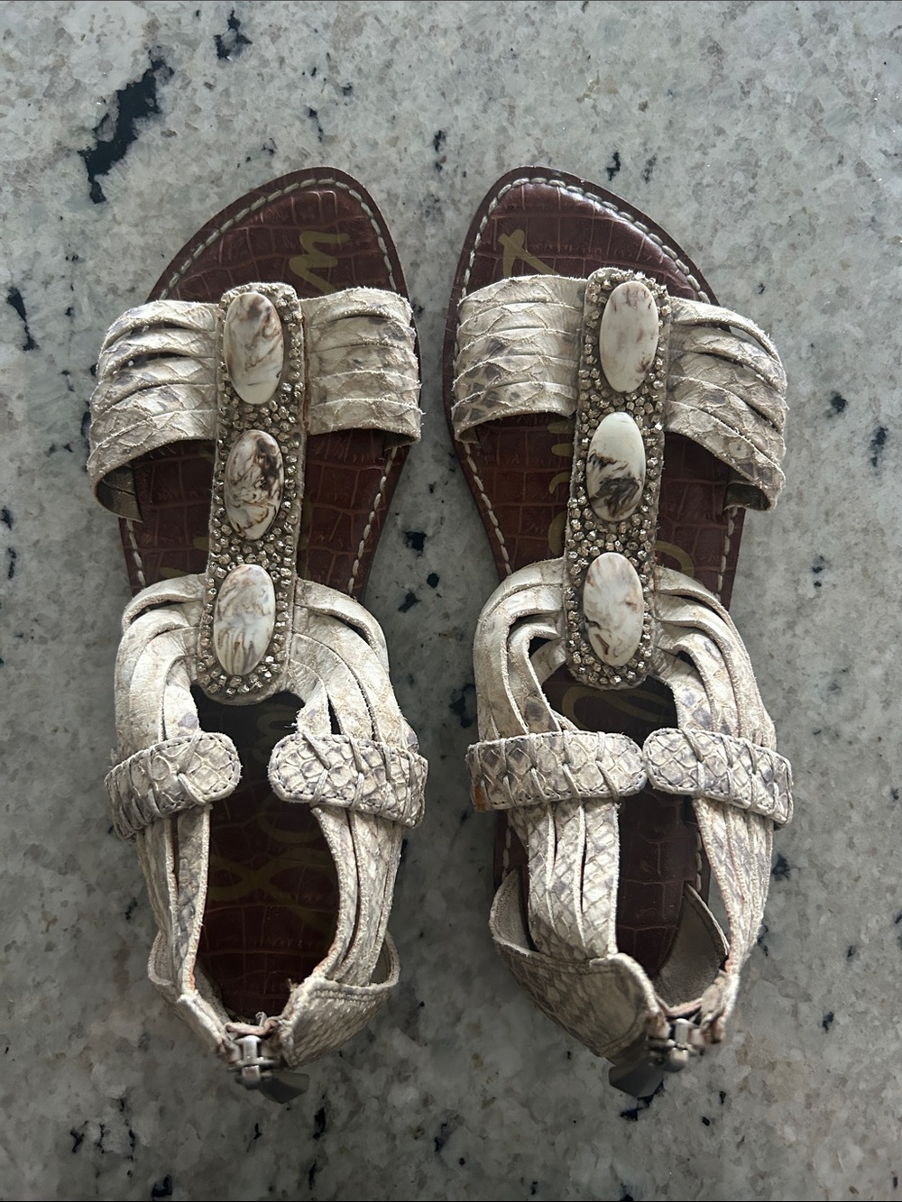 Sam Edelman Ivory Textured Beaded T-Strap Sandals